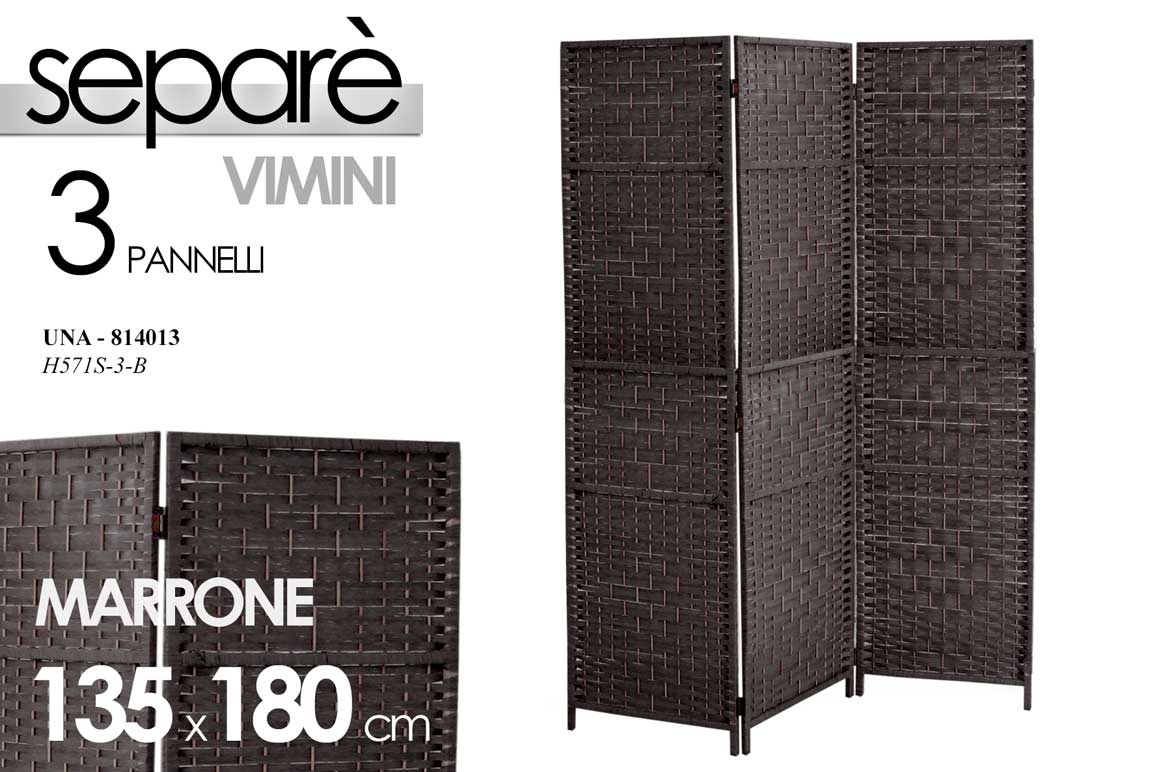 8025569814013 SEPARè PARAVENTO DIVISORIO 3 PANNELLI SEPARATORE VIMINI METALLO MARRONE H180*135 - immagine 1