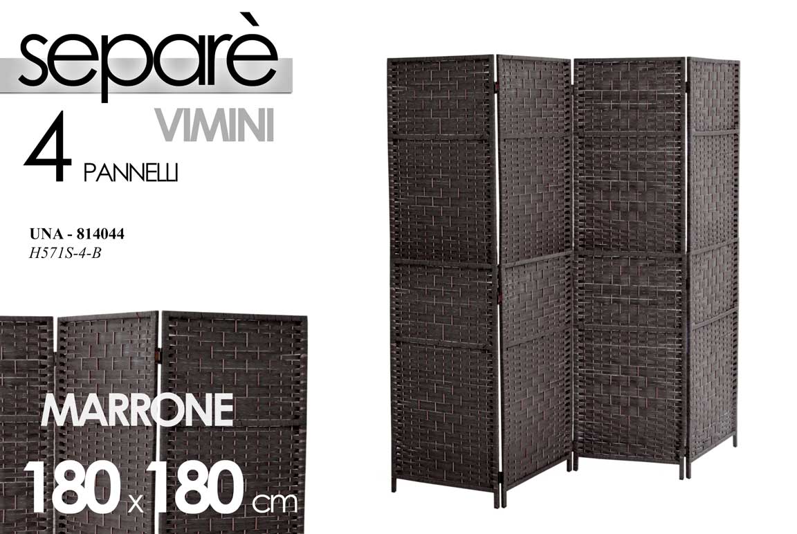 8025569814044 SEPARè PARAVENTO DIVISORIO MARRONE 4 PANNELLI RATTAN VIMINI METALLO 180*180 cm - immagine 1