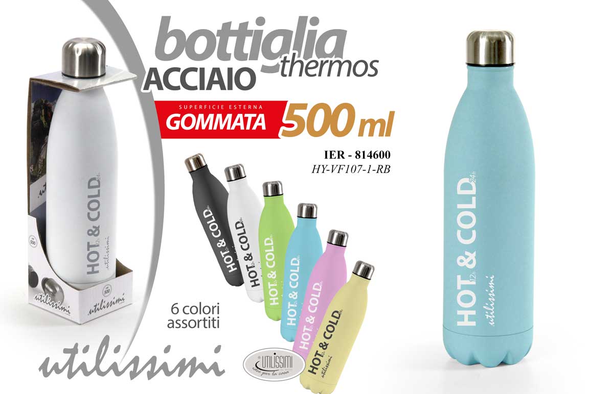8025569814600 BOTTIGLIA THERMOS BORACCIA CALDO FREDDO 500ML ACCIAIO GOMMATA COLOR ASSORTITI - immagine 1
