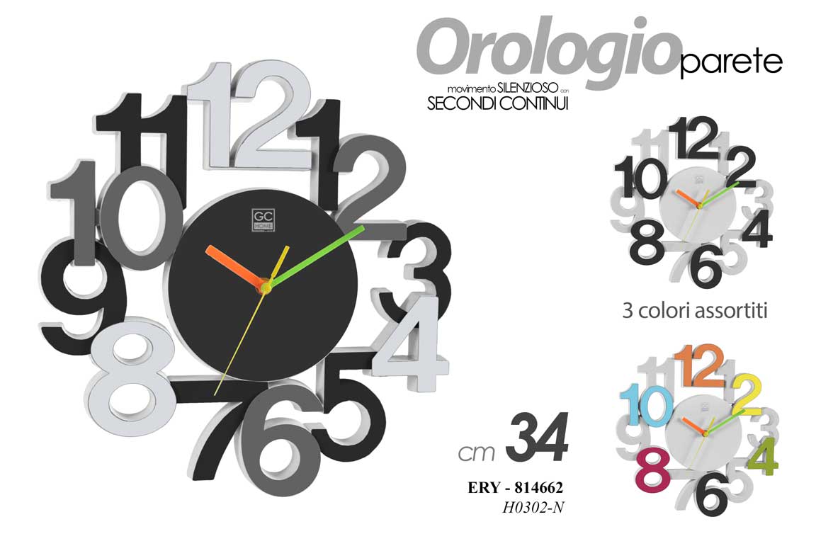 8025569814662 OROLOGIO MODERNO DA PARETE NUMERI RILIEVO TONDO SILENZIOSO VARI COLORI 34 CM - immagine 1