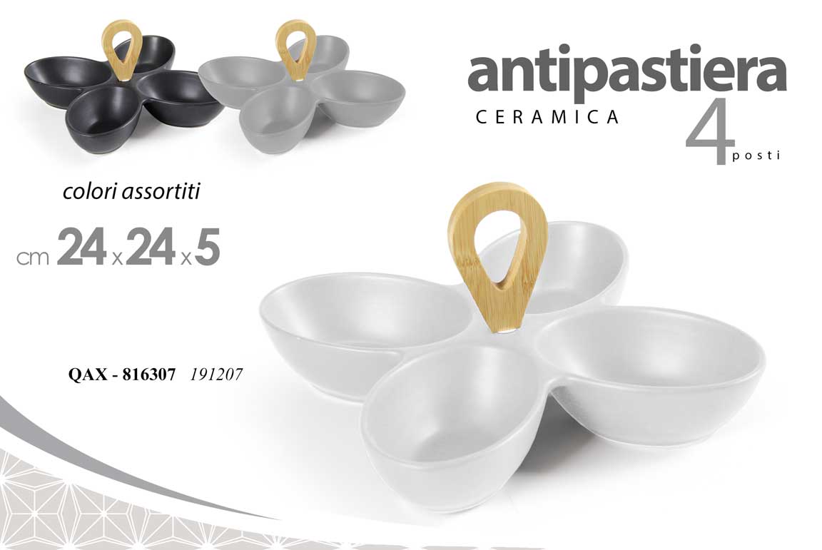 8025569816307 Antipastiera buffet aperitivo finger food 4 scomparti ceramica legno ass 24 cm - immagine 1