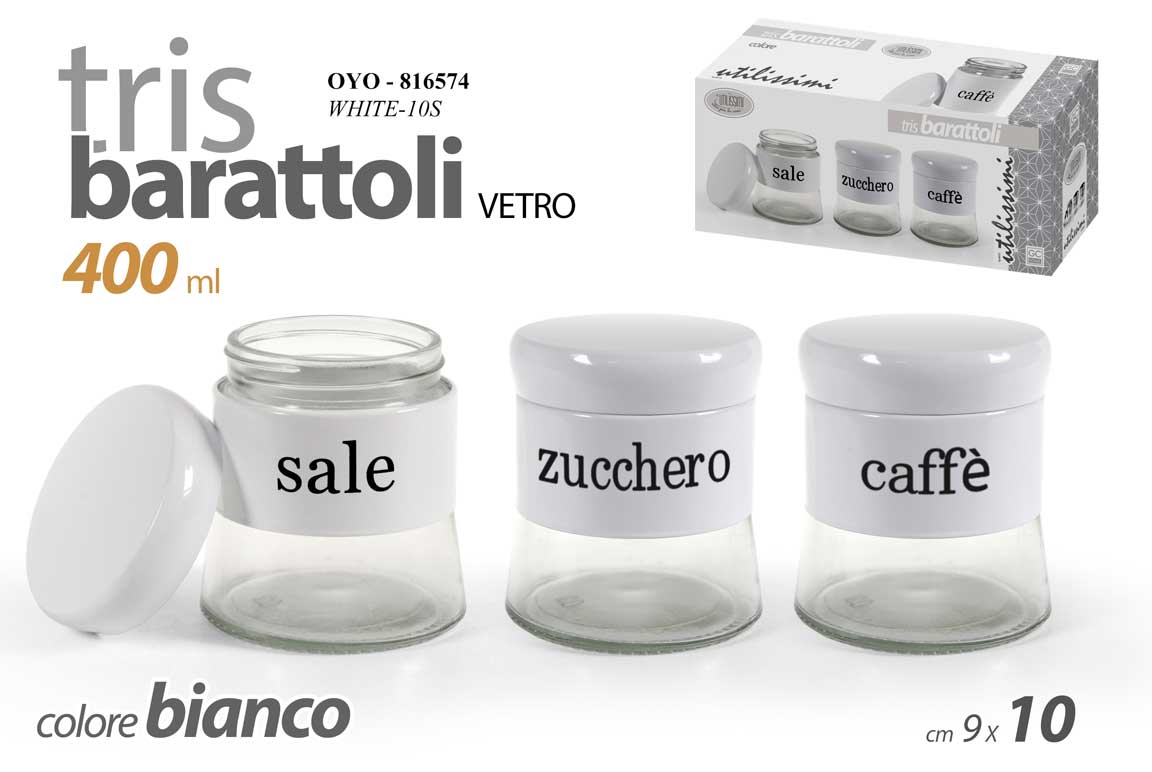 8025569816574 SET Barattoli Sale Zucchero Caffè METALLO Vetro Tris 3 Contenitori 400ML 10cm - immagine 1