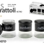 SET Barattoli Sale Zucchero Caffè Tris 3 Contenitori METALLO N Vetro 400ML 10cm