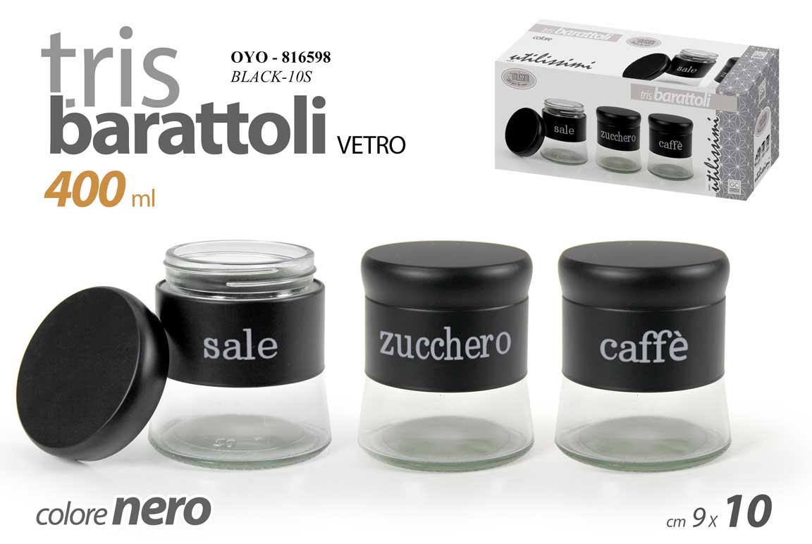 8025569816598 SET Barattoli Sale Zucchero Caffè Tris 3 Contenitori METALLO N Vetro 400ML 10cm - immagine 1