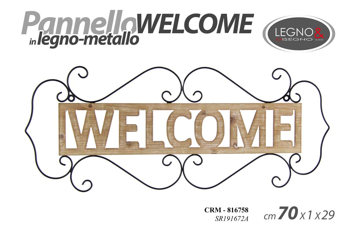 8025569816758 PANNELLO ARREDO PARETE MURO METALLO LEGNO QUADRO DECORAZIONE WELCOME 70*1*29 CM - immagine 1