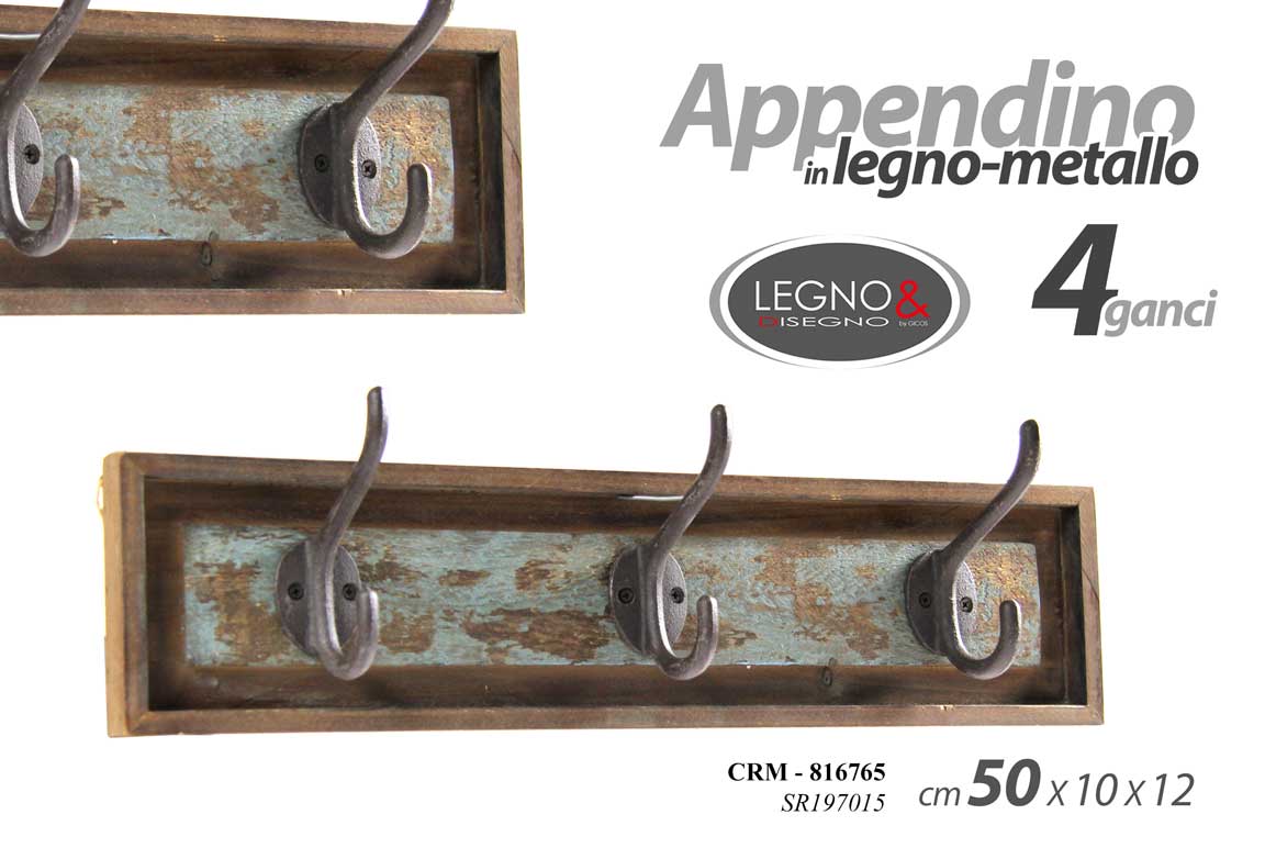 8025569816765 APPENDINO DA PARETE MURO VINTAGE LEGNO ANTICATO METALLO APPENDIABITI 50*10*12 cm - immagine 1