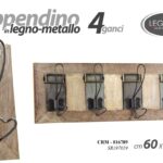 APPENDINO DA PARETE MURO VINTAGE LEGNO 4 GANCI METALLO APPENDIABITI 60*10*20 cm