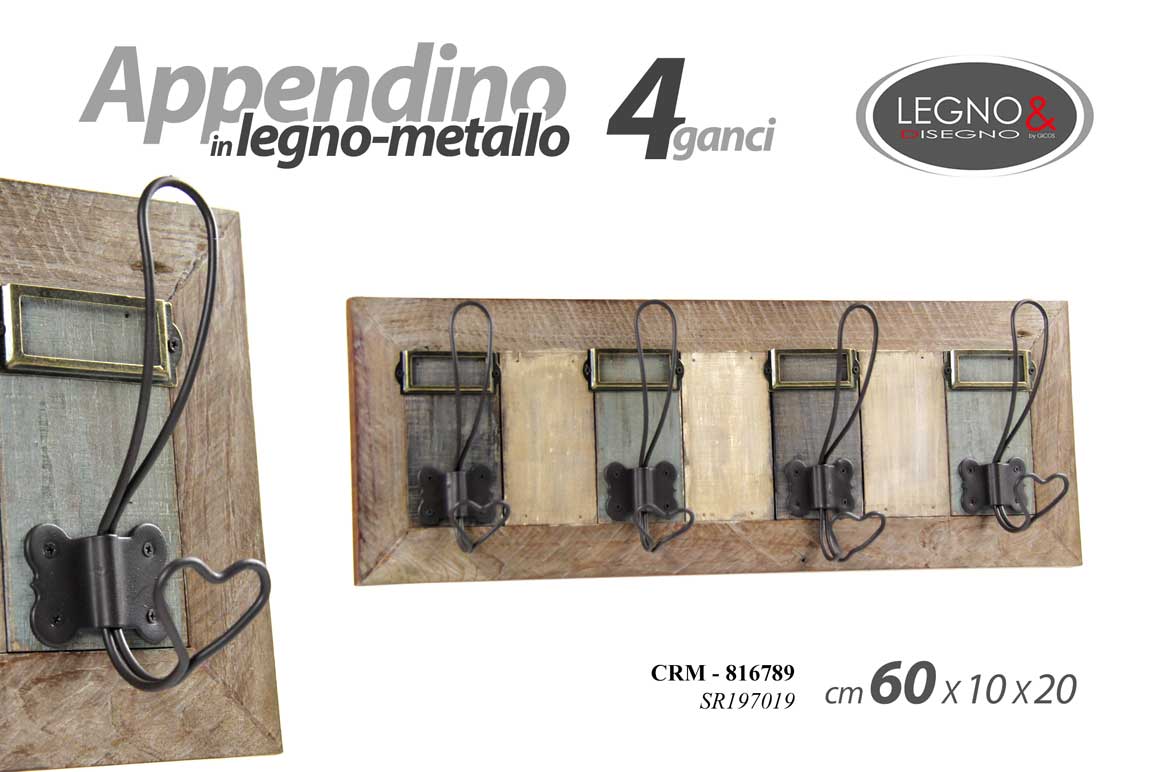8025569816789 APPENDINO DA PARETE MURO VINTAGE LEGNO 4 GANCI METALLO APPENDIABITI 60*10*20 cm - immagine 1