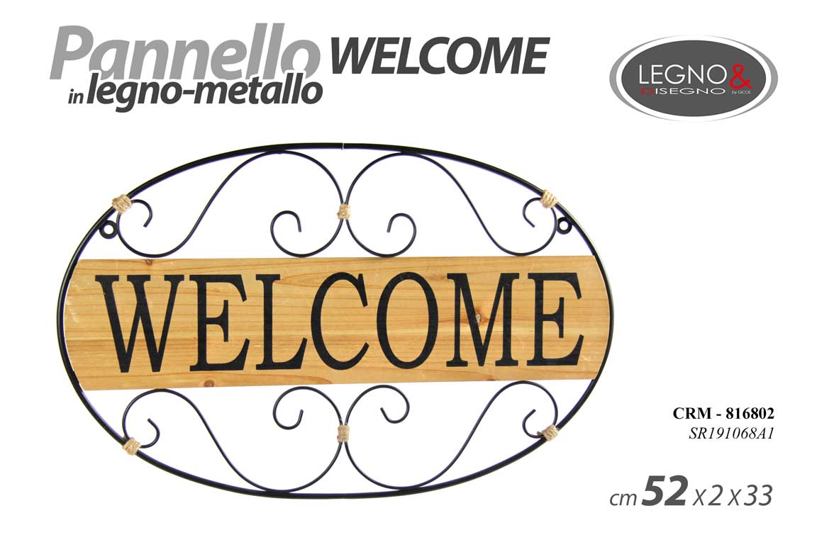 8025569816802 PANNELLO ARREDO PARETE MURO METALLO LEGNO QUADRO DECORAZIONE WELCOME 52*33 CM - immagine 1