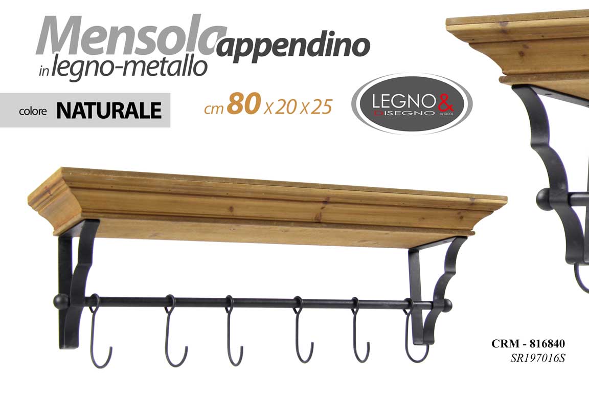 8025569816840 MENSOLA APENDINO DA PARETE LEGNO 6 GANCI METALLO APPENDIABITI NATUR 80*16*20 cm - immagine 1