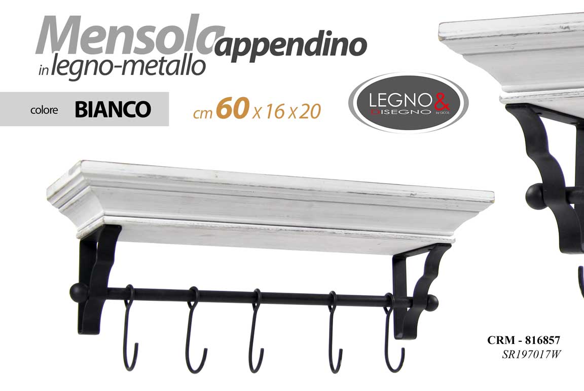 8025569816857 MENSOLA APENDINO DA PARETE LEGNO 5 GANCI METALLO APPENDIABITI ANTICATO 60*16*20 - immagine 1