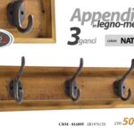 APPENDINO DA PARETE MURO LEGNO NATURALE 3 GANCI METALLO APPENDIABITI 50*10*12 cm