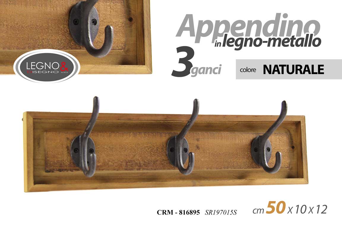 8025569816895 APPENDINO DA PARETE MURO LEGNO NATURALE 3 GANCI METALLO APPENDIABITI 50*10*12 cm - immagine 1
