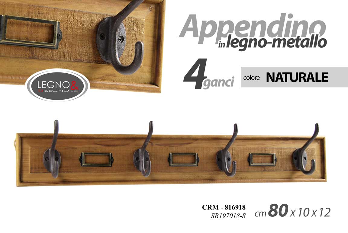 8025569816918 APPENDINO DA PARETE MURO LEGNO NATURALE 4 GANCI METALLO APPENDIABITI 80*10*12 cm - immagine 1