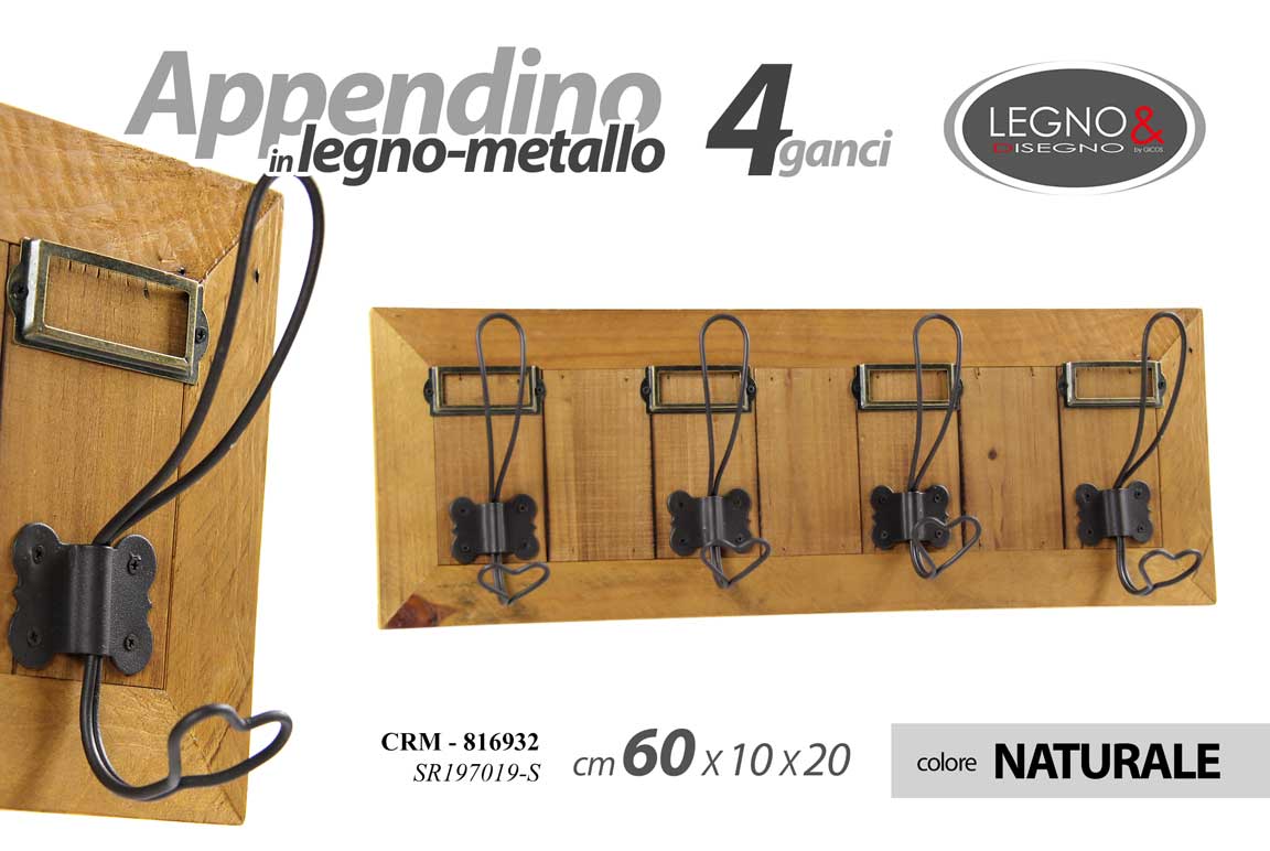 8025569816932 APPENDINO DA PARETE MURO LEGNO NATURALE 4 GANCI METALLO APPENDIABITI 60*10*20 cm - immagine 1