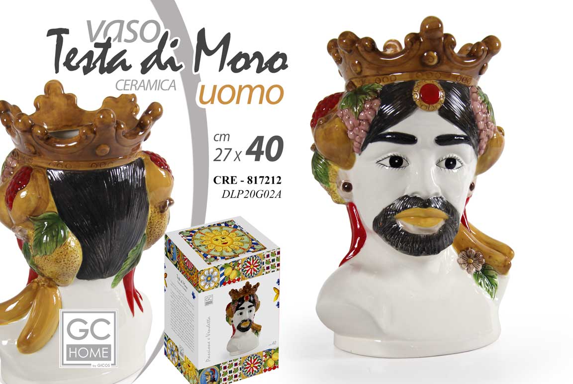 8025569817212 TESTA DI MORO VASO PORTA FIORI CERAMICA 40*27CM UOMO DECO DELUXE CENTROTAVOLA - immagine 1