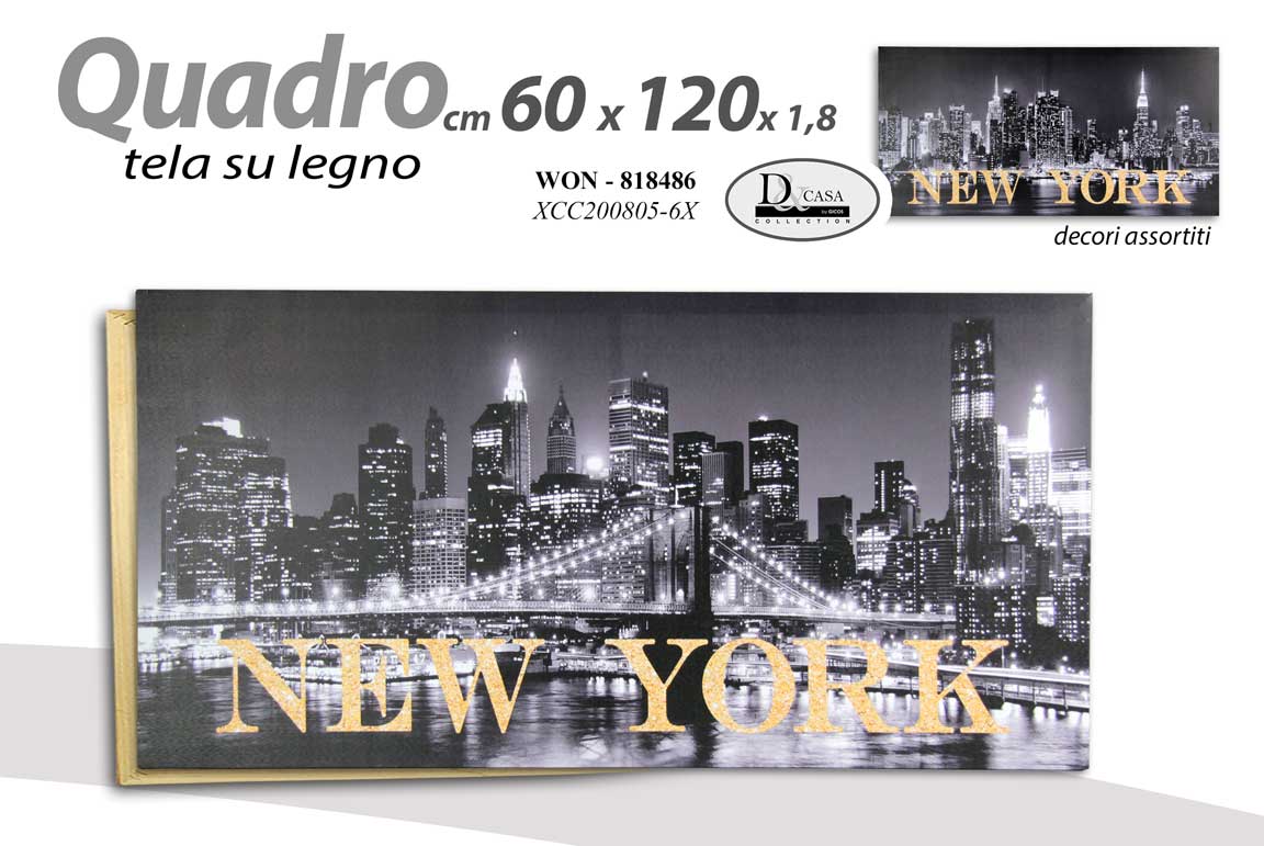 8025569818486 QUADRO STAMPA SU TELA LEGNO CITTà NEW YORK DI NOTTE BIANCO E NERO ASSOR 60*120cm - immagine 1