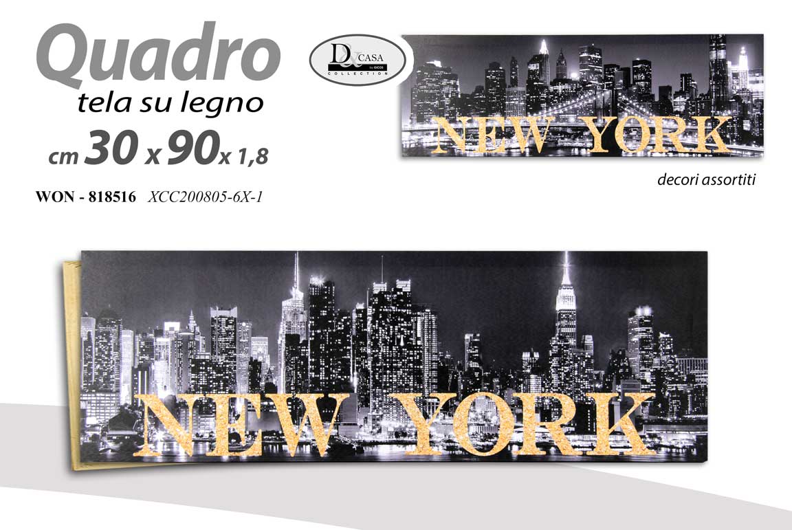 8025569818516 QUADRO STAMPA SU TELA LEGNO CITTà NEW YORK DI NOTTE BIANCO E NERO ASSOR 90*30cm - immagine 1