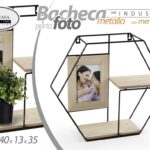 BACHECA MENSOLA DA PARETE PORTAFOTO PENSILE ESAGONALE METALLO LEGNO 40*35 cm