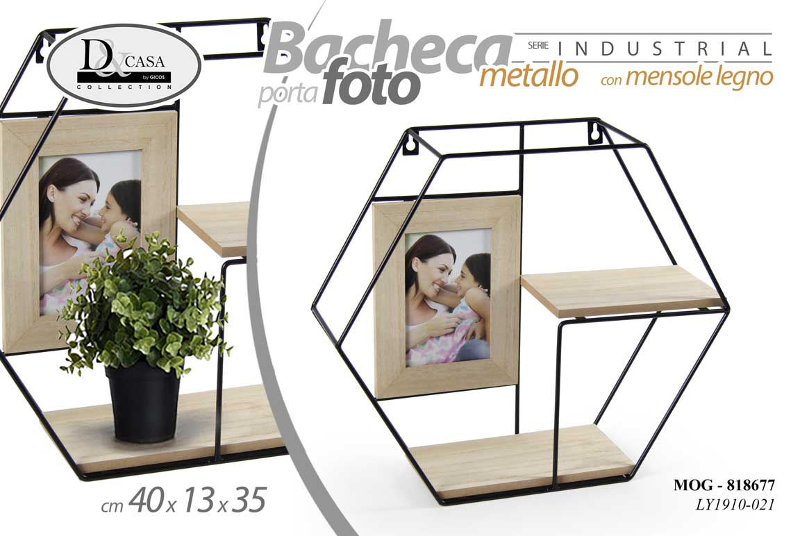 8025569818677 BACHECA MENSOLA DA PARETE PORTAFOTO PENSILE ESAGONALE METALLO LEGNO 40*35 cm - immagine 1