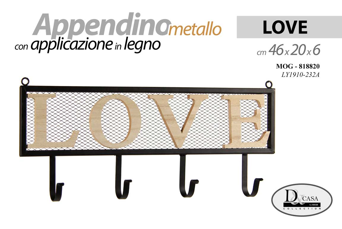 8025569818820 APPENDIABITI DA PARETE APPENDINO Attaccapani METALLO LEGNO GANCIO A 4 LOVE 46*20 - immagine 1