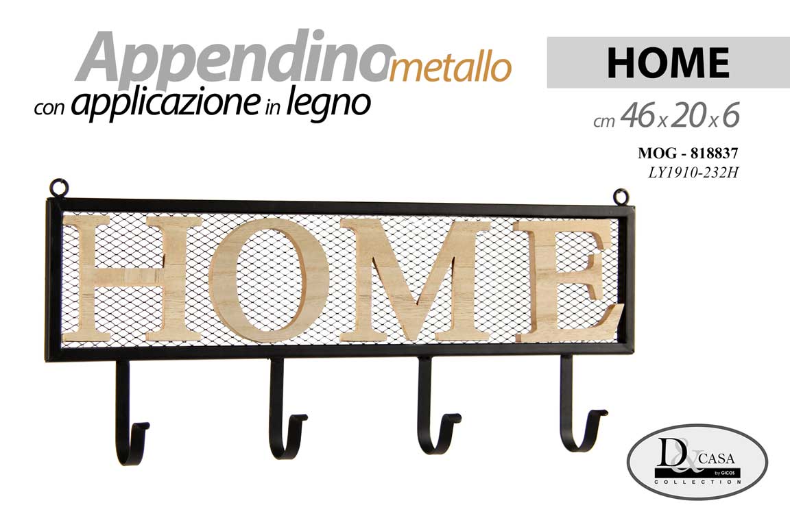 8025569818837 APPENDIABITI DA PARETE APPENDINO Attaccapani METALLO LEGNO GANCIO A 4 HOME 46*20 - immagine 1