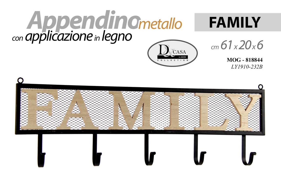 8025569818844 APPENDIABITI DA PARETE APPENDINO Attaccapani FAMILY METALLO LEGNO 5 GANCI 61*20 - immagine 1