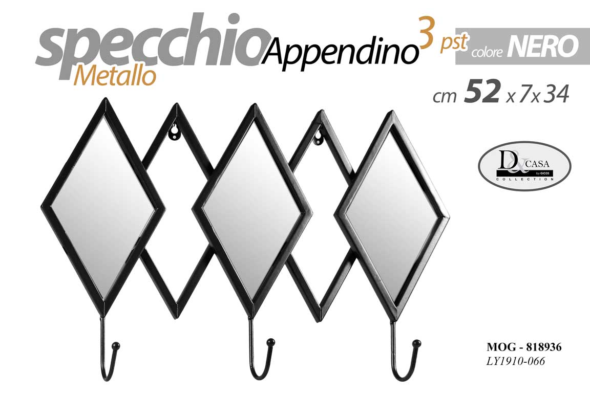 8025569818936 APPENDIABITI DA PARETE SPECCHIO APPENDINO Attaccapani METALLO 3 GANCI 52*34 - immagine 1