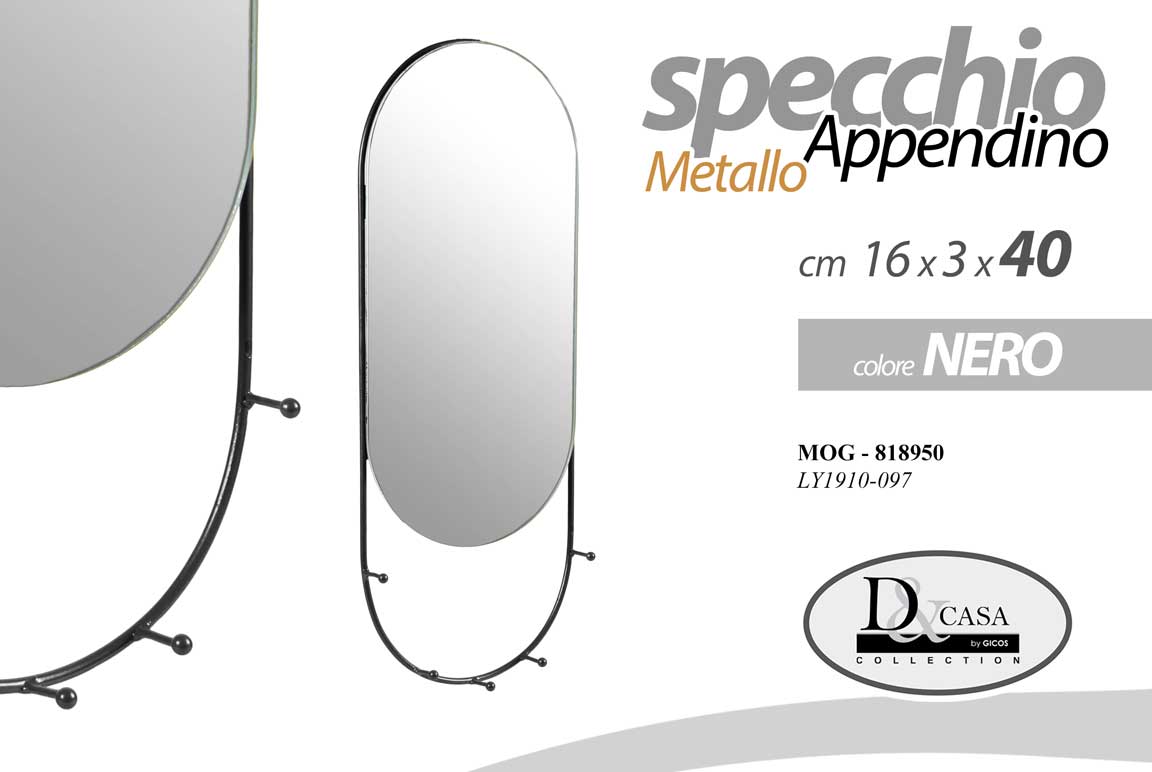8025569818950 SPECCHIO DA PARETE APPENDINO APPENDI CHIAVI GANCI APPENDIABITI METALLO NERO 40cm - immagine 1