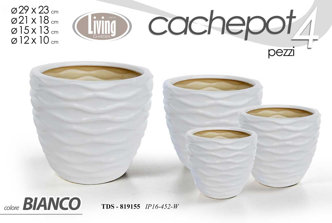 8025569819155 4 VASI CACHEPOT CERAMICA MODERNO CLASSICO VINTAGE VASO ONDE BIANCO 29/21/15/12cm - immagine 1