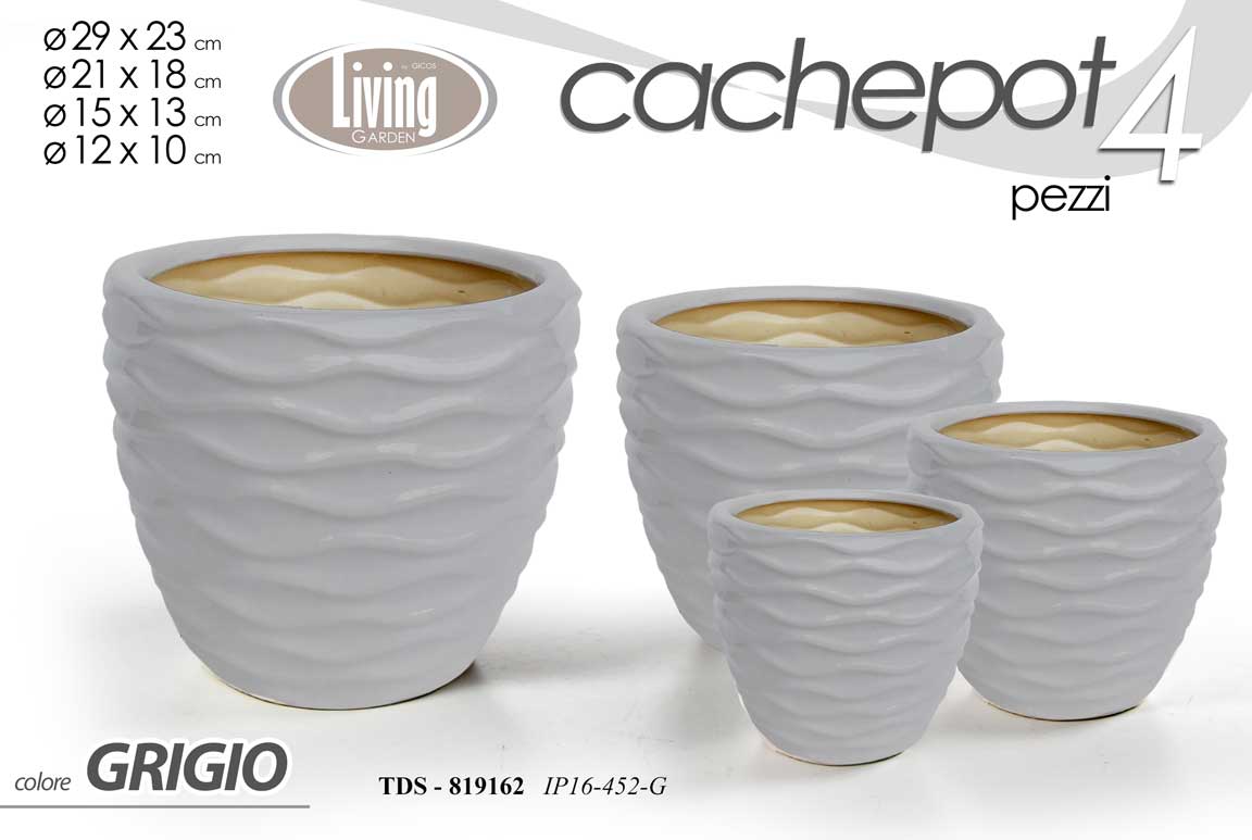 8025569819162 3 VASI CACHEPOT CERAMICA MODERNO CLASSICO VINTAGE VASO ONDE GRIGIO 29/21/15/12cm - immagine 1