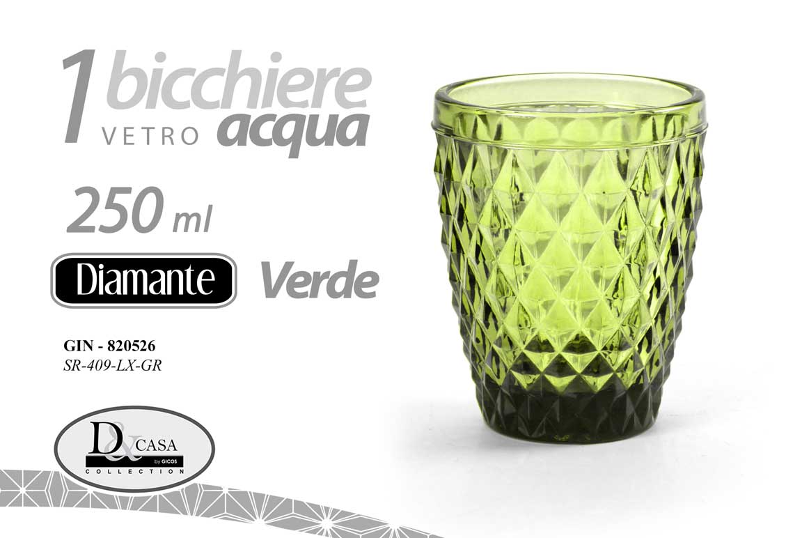 8025569820526 BICCHIERE DA TAVOLA ACQUA VINO ROSSO BIANCO BIBITA VETRO DIAMANTE VERDE 250 ML - immagine 1