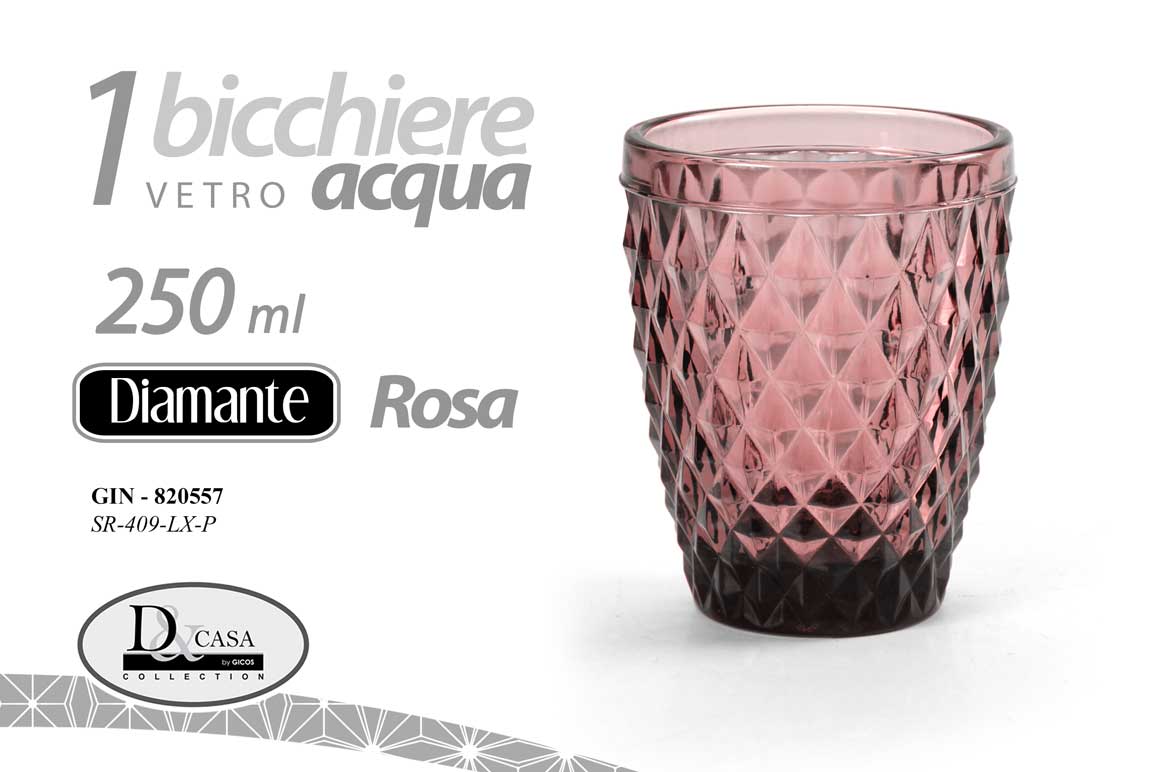 8025569820557 BICCHIERE VETRO ROSA DIAMANTE ACQUA BEVANDE TAVOLA CASA CUCINA 10X8X8CM 250ML - immagine 1