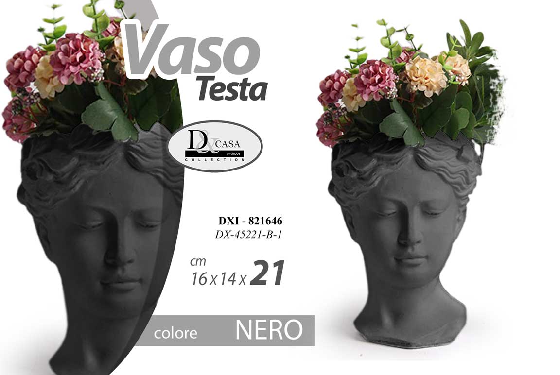 8025569821646 VASO TESTA DONNA PORTA FIORI PIANTE CACHEPOT NERO CEMENTO LINEA SCAVO 21 CM - immagine 1