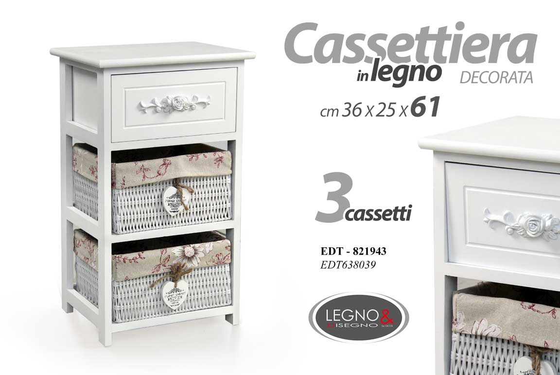 8025569821943 CASSETTIERA BIANCA SLIM SALVASPAZIO 3 CASSETTI CESTE CUORE LEGNO 61*36*28 cm - immagine 1