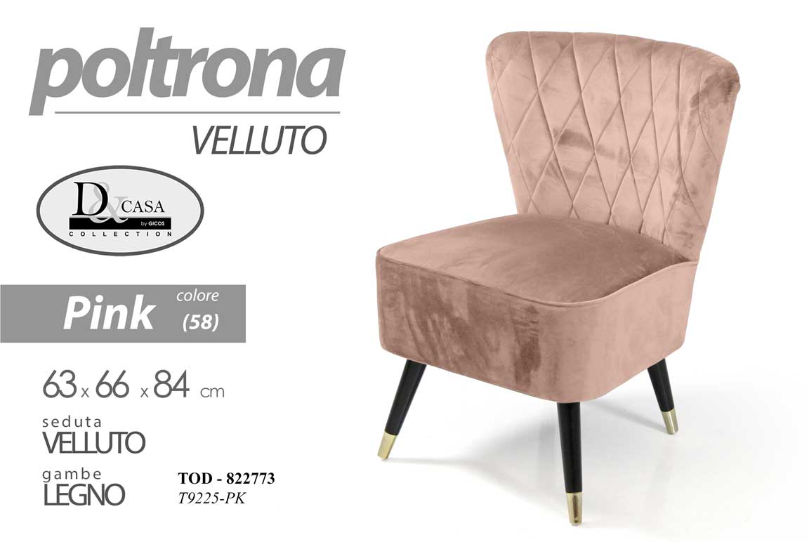 8025569822773 POLTRONA SEDUTA VELLUTO SEDIA GAMBE LEGNO MODERNO CLASSICA ROSA PINK 84*63*66 cm - immagine 1