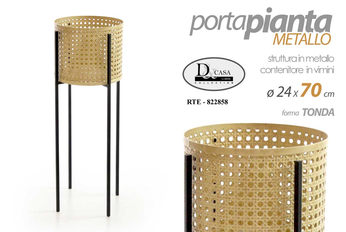 8025569822858 VASO PORTA PIANTA TONDO METALLO VIMINI ALZATA FIORI DESIGN PIANTANA NERO 70*24cm - immagine 1