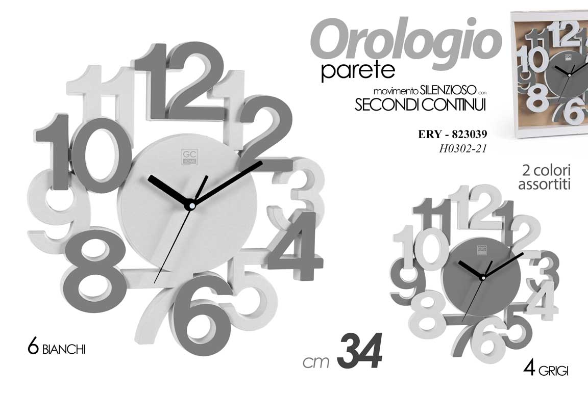 8025569823039 OROLOGIO MODERNO PARETE NUMERI GRANDI RILIEVO 3D SILENZIOSO BIANCO GRIGIIO 34 CM - immagine 1