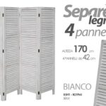 SEPARè PARAVENTO DIVISORIO BIANCO 4 PANNELLI LEGNO STILE PERSIANA 170*168cm