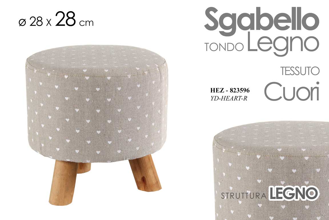 8025569823596 POUF POUFF 28 cm TONDO SGABELLO SEDIA LEGNO SEDUTA TESSUTO POIS CUORI GRIGIO - immagine 1