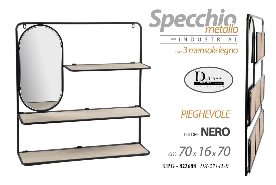 8025569823688 MENSOLA DA PARETE CON SPECCHIO PIEGHEVOLE BACHECA LIBRERIA METALLO h70*16*70cm - immagine 1