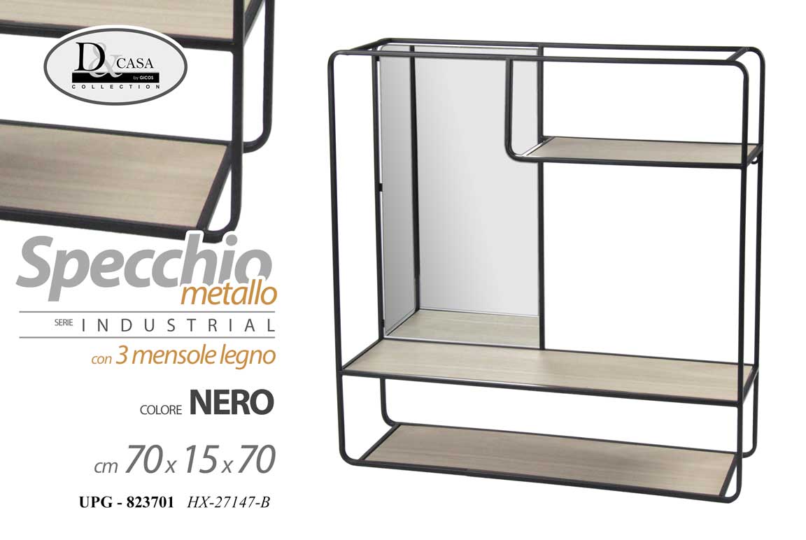 8025569823701 SPECCHIO PARETE PENSILE METALLO NERO 3 MENSOLE LEGNO SPECCHIERA MODERNO 70*15*70 - immagine 1