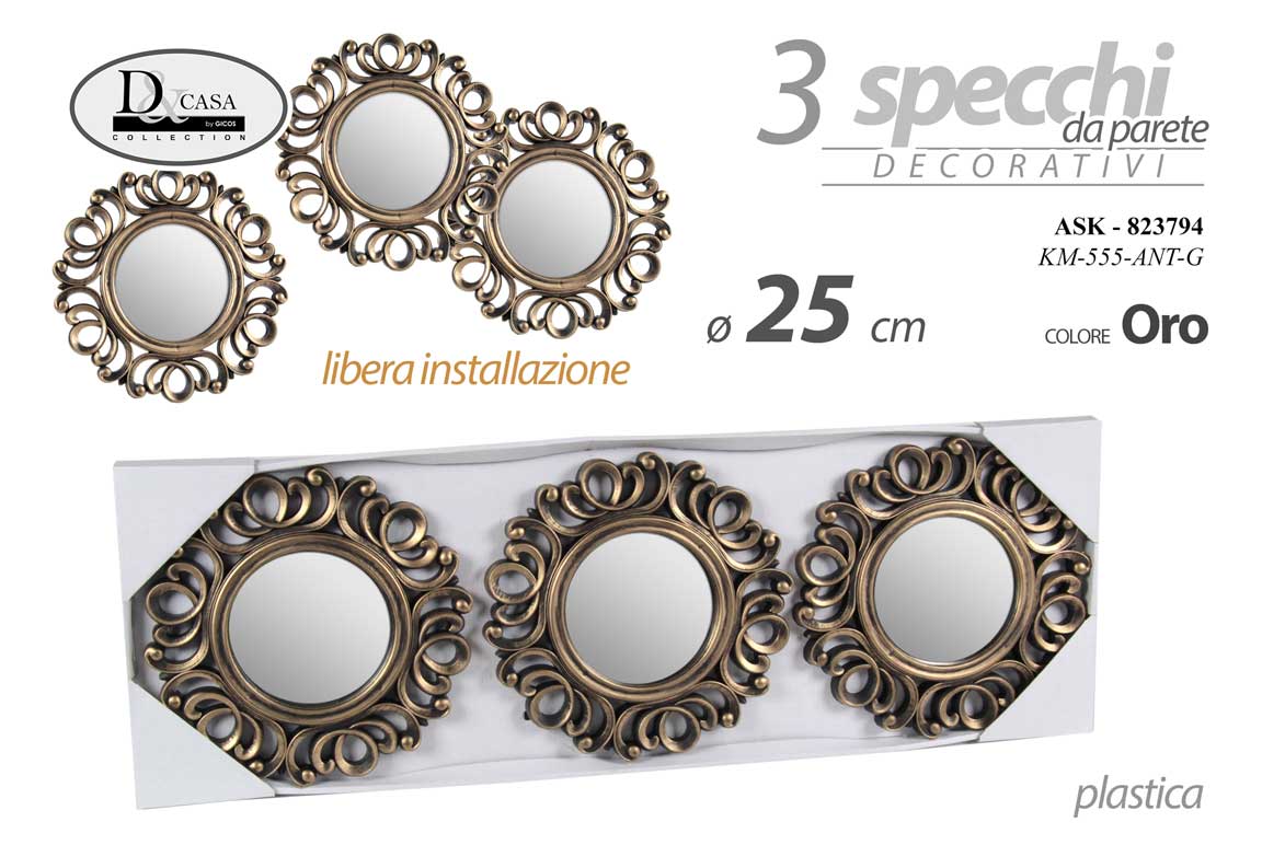 8025569823794 3 SPECCHI DA PARETE CLASSICO MODERNO ACRILICO SPECCHIO ASSORT ORO ANTICATO 25 cm - immagine 1