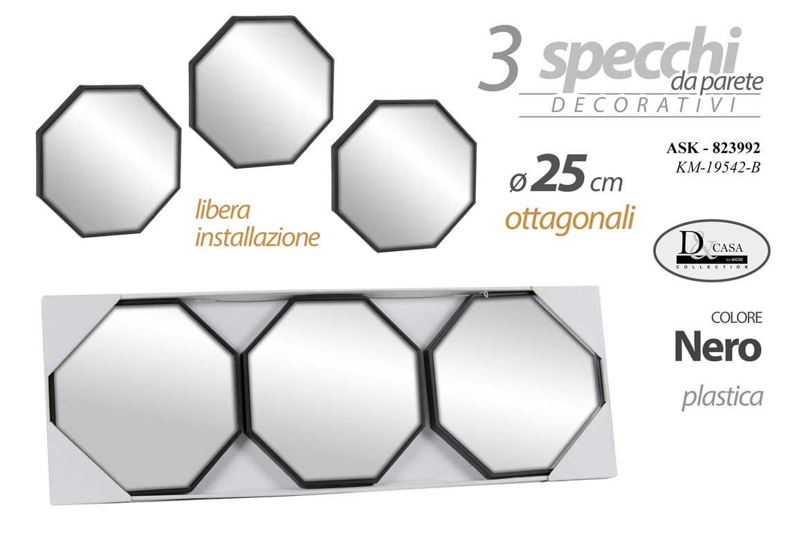 8025569823992 SET 3 SPECCHI PARETE DECORATIVI OTTOGONALI SPECCHIO LIBERA INSTALLAZIONE 25 cm - immagine 1