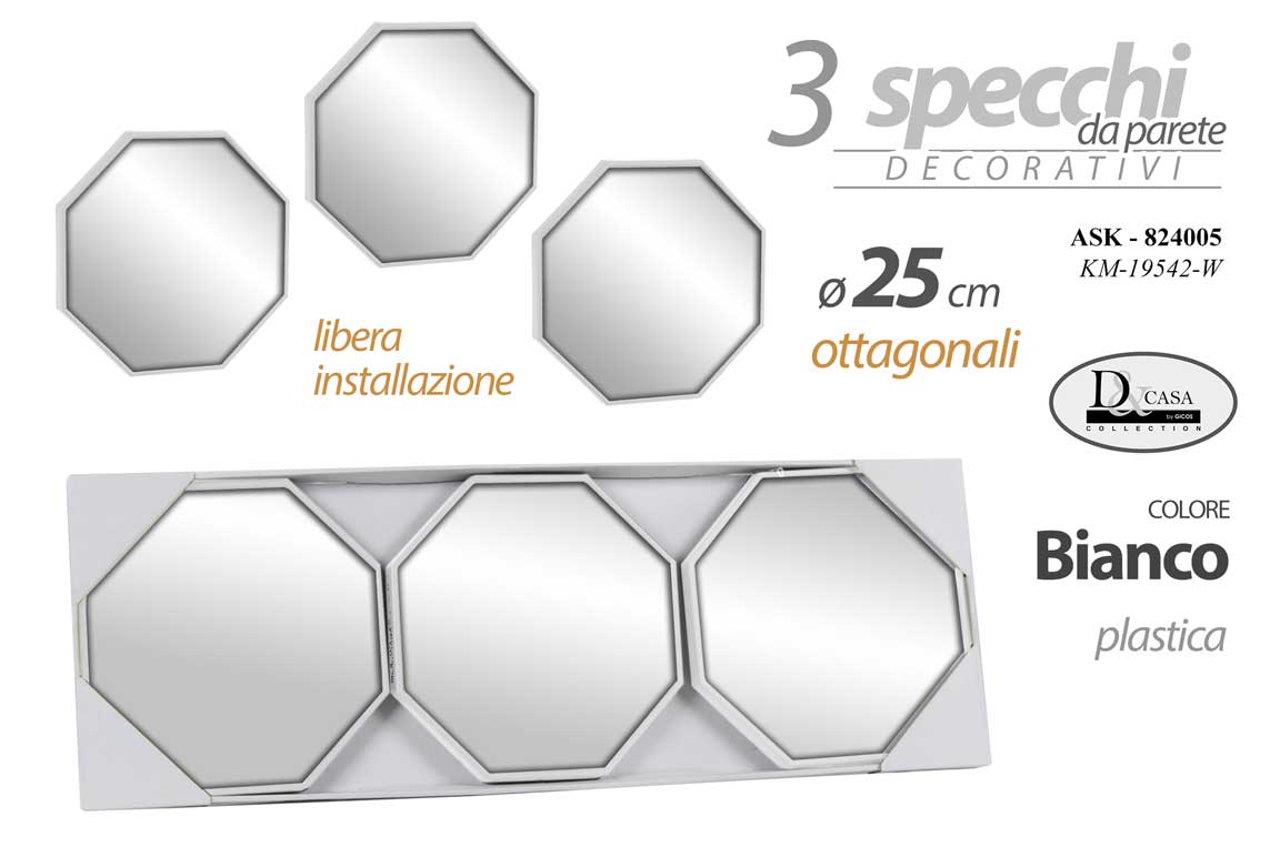 8025569824005 SET 3 SPECCHI DA PARETE DECORATIVI OTTOGONALI SPECCHIO LIBERA INSTALLAZIONE 25cm - immagine 1