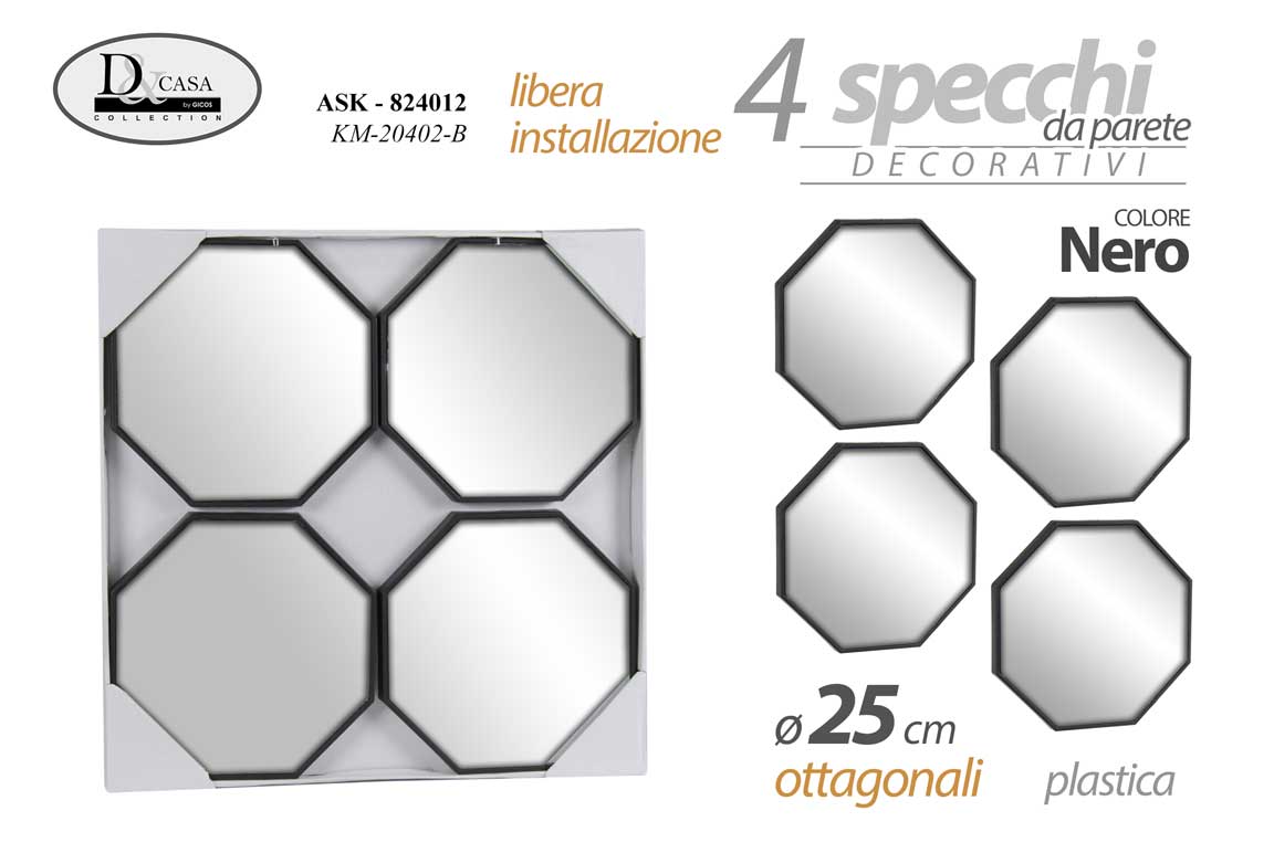 8025569824012 SET 4 SPECCHI DA PARETE DECORATIVI NERI OTTOG SPECCHIO LIBERA INSTALLAZIONE 25cm - immagine 1