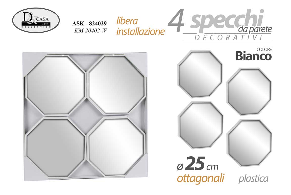 8025569824029 SET 4 SPECCHI DA PARETE DECORATIVI OTTOGONALI SPECCHIO LIBERA INSTALLAZIONE 25cm - immagine 1