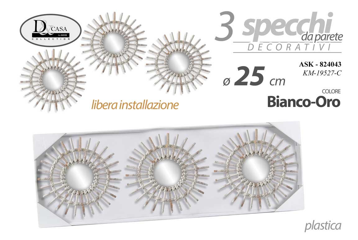 8025569824043 3 SPECCHI DA PARETE CLASSICO MODERNO ACRILICO SPECCHIO BIANCO ORO CHIC 25 cm - immagine 1