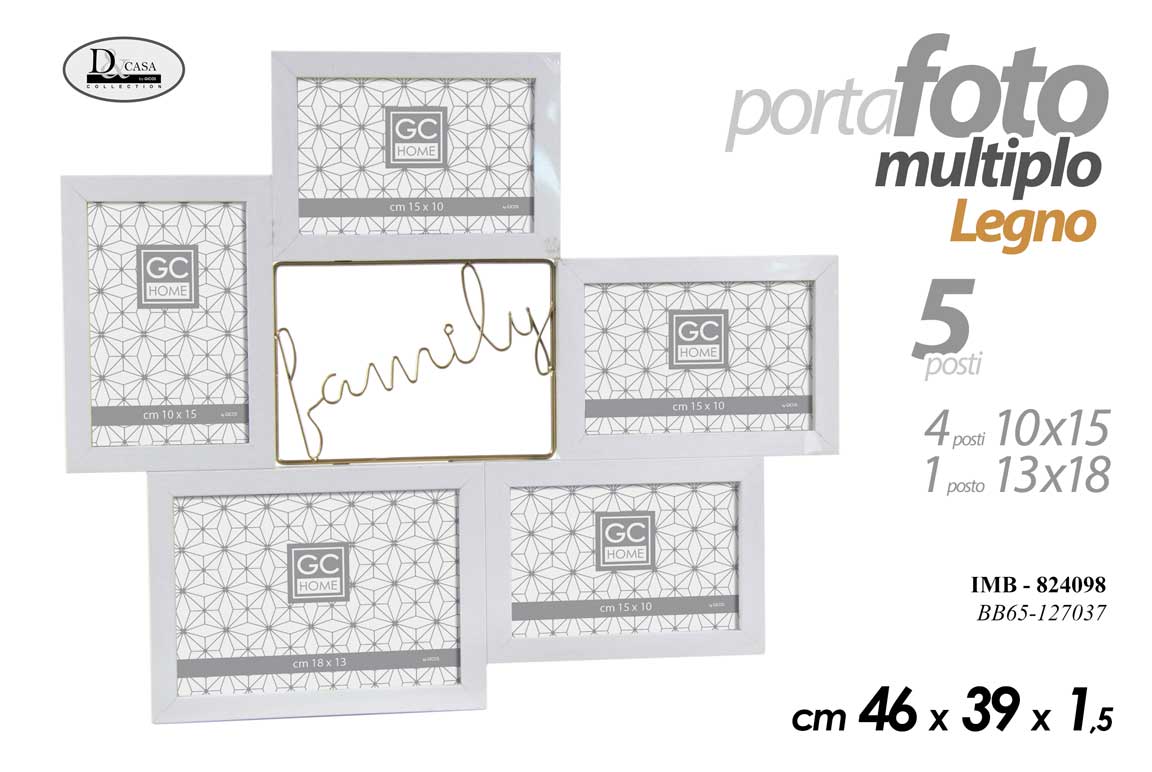 8025569824098 PORTAFOTO MULTIPLO DA PARETE CORNICE BIANCO FAMILY ORO 5 FOTO LEGNO 46*39cm - immagine 1