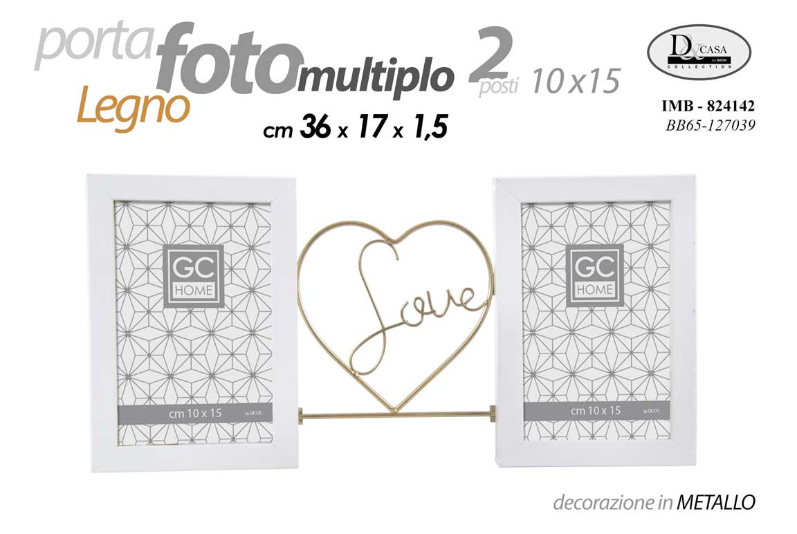 8025569824142 PORTAFOTO MULTIPLO DA PARETE CORNICE BIANCO CUORE LOVE ORO 2 FOTO LEGNO 17*36cm - immagine 1